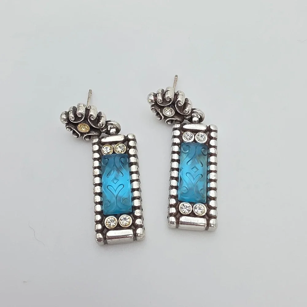 BRIGHTON Earrings Vibrant Aqua Crystal Scroll Silver Plate Dangle Drop 1.75